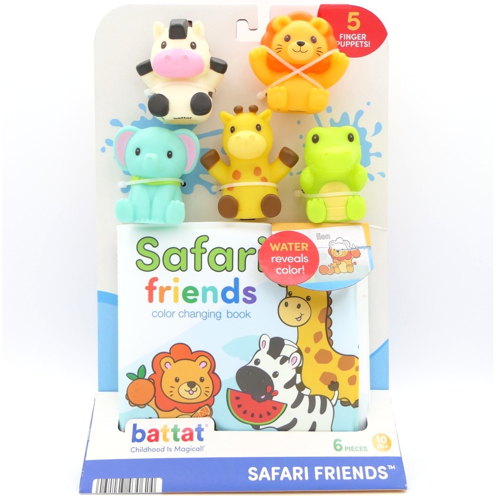 Battat Safari Friends -5 Finger Puppets & Color Changing Book For Bath Time 10M+